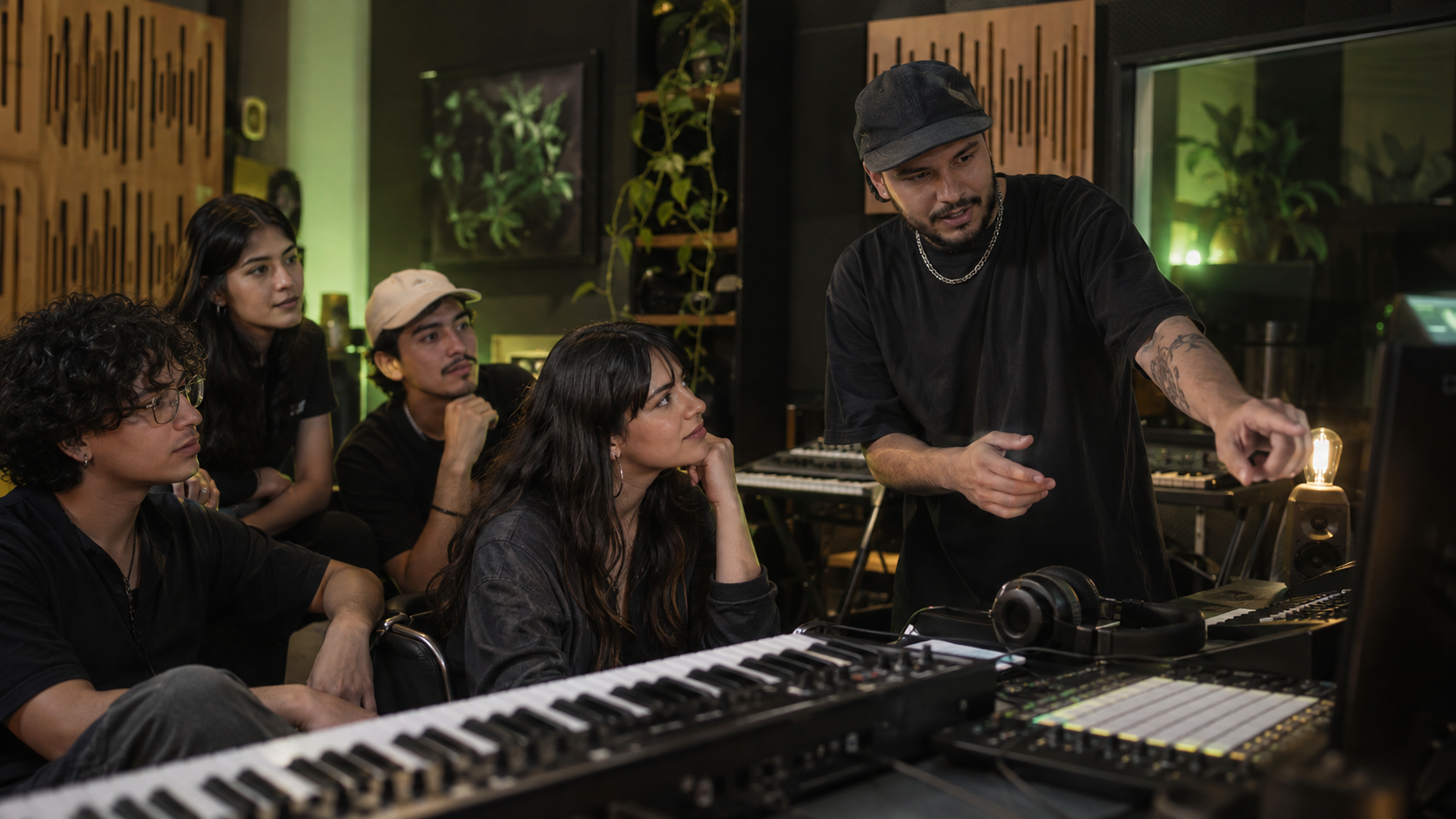 Clase de producción musical en un estudio creativo